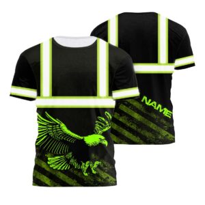 Hi Vis Shirt Reflective Green Eagle Fly USA Flag Custom Name Safety Workwear For Workers, Patriotic, Veteran, Military