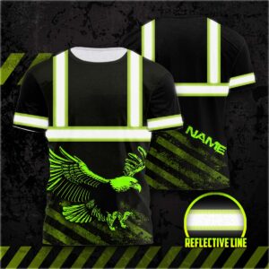 Hi Vis Shirt Reflective Green Eagle Fly USA Flag Custom Name Safety Workwear For Workers, Patriotic, Veteran, Military
