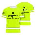 Hi Vis Shirt Reflective Green Neon US Flag Custom Name Safety Workwear For Workers, Runners, Cyclists, Patriotic, Veteran, Military
