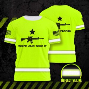 Hi Vis Shirt Reflective Green Neon US Flag Custom Name Safety Workwear For Workers, Runners, Cyclists, Patriotic, Veteran, Military