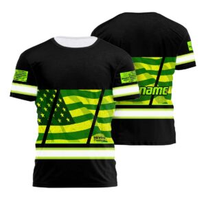 Hi Vis Shirt Reflective Green USA Flag Custom Name Safety Workwear For Workers, Patriotic, Veteran, Military