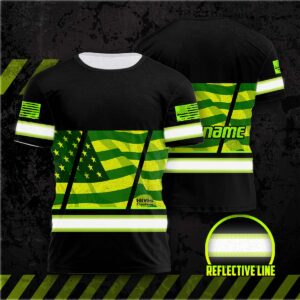 Hi Vis Shirt Reflective Green USA Flag Custom Name Safety Workwear For Workers, Patriotic, Veteran, Military