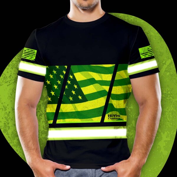 Hi Vis Shirt Reflective Green Eagle USA Flag Custom Name Safety Workwear  For Workers, Patriotic, Veteran