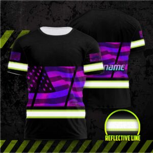 Hi Vis Shirt Reflective Hologram USA Flag Custom Name Safety Workwear For Workers, Patriotic, Veteran, Military