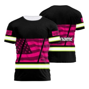 Hi Vis Shirt Reflective Pink USA Flag Custom Name Safety Workwear For Workers, Patriotic, Veteran, Military