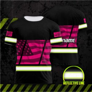 Hi Vis Shirt Reflective Pink USA Flag Custom Name Safety Workwear For Workers, Patriotic, Veteran, Military