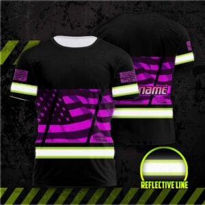 Hi Vis Shirt Reflective Violet USA Flag Custom Name Safety Workwear For Workers, Patriotic, Veteran, Military