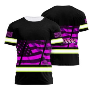 Hi Vis Shirt Reflective Violet USA Flag Custom Name Safety Workwear For Workers, Patriotic, Veteran, Military