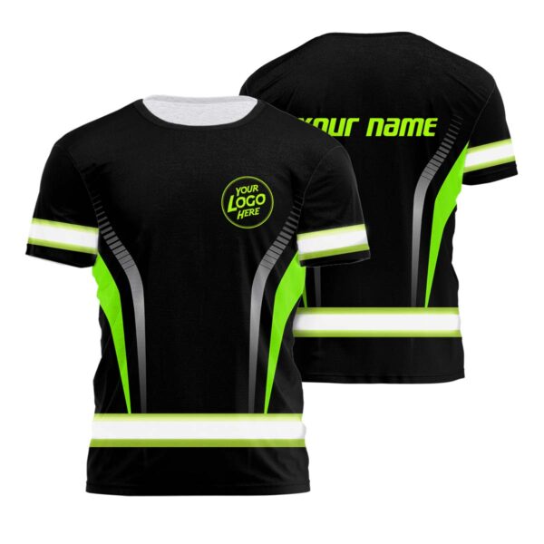 Hi Vis Shirt Uniform Reflective Black Green Neon 2 Custom Name And Logo Safety Workwear For Company, Group, Team