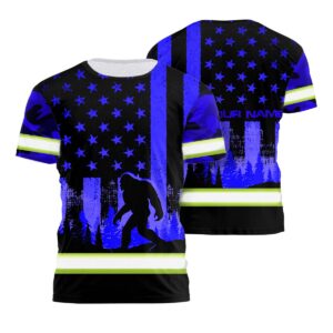 Safety T Shirts Reflective Blue USA Flag With BigFoot Custom Name Safety Workwear