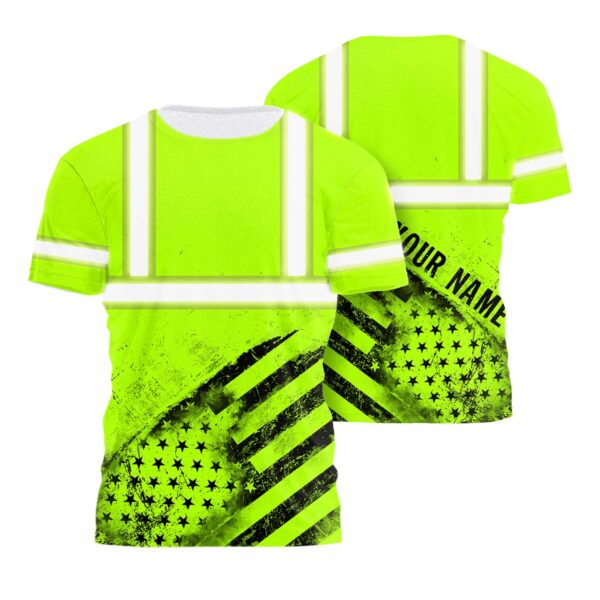 Hi Vis Shirt Reflective Green Black US Flag Custom Name Safety Workwear For Workers, Runners, Cyclists, Patriotic, Veteran, Military
