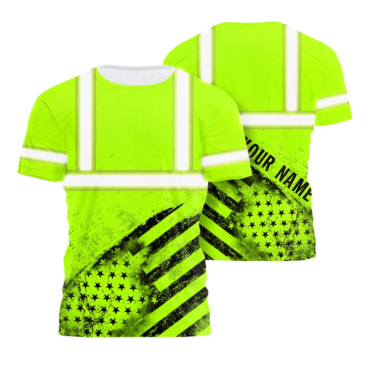 Hi Vis Shirt Reflective Green Black US Flag Custom Name Safety Workwear ...