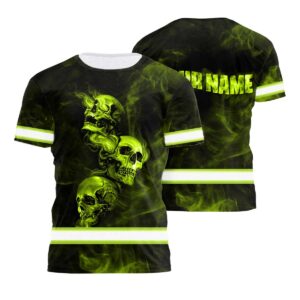 Hi Vis Shirt Reflective Skull With Smoke Custom Name Safety Workwear For Workers, Runners, Cyclists, Patriotic