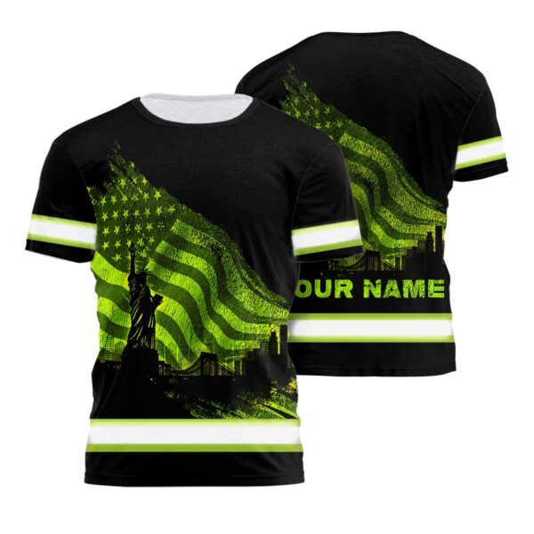 Hi Vis Shirt Reflective Flag USA Wave Custom Name Safety Workwear For Workers, Runners, Cyclists, Patriotic