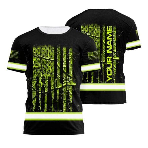 Hi Vis Shirt Reflective Camo Hunting US Flag Custom Name Safety Workwear For Workers, Runners, Cyclists, Patriotic, Veteran, Military