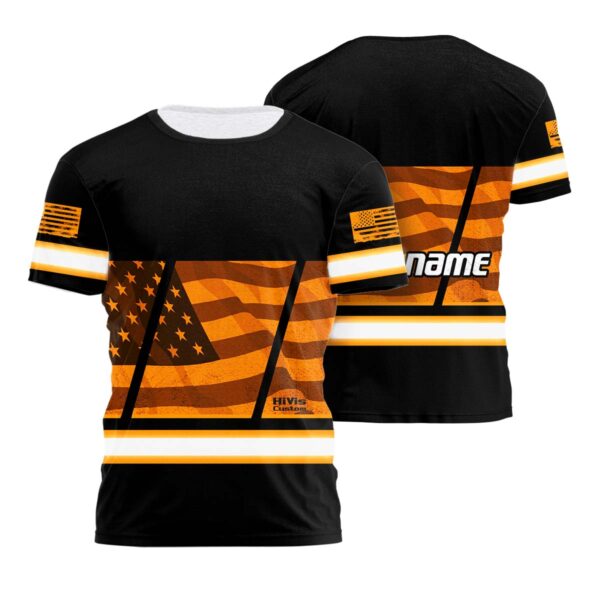 Hi Vis Shirt Reflective Orange USA Flag Custom Name Safety Workwear For Workers, Patriotic, Veteran, Military