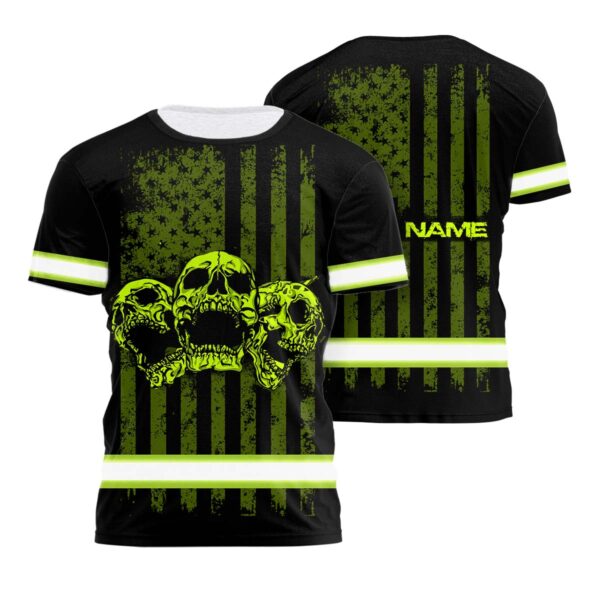 Hi Vis Shirt Reflective Skull USA Flag Custom Name Safety Workwear For Workers, Runners, Cyclists, Patriotic