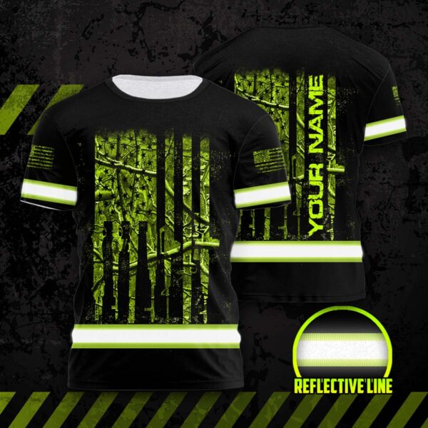 Hi Vis Shirt Reflective Camo Hunting US Flag Custom Name Safety Workwear For Workers, Runners, Cyclists, Patriotic, Veteran, Military