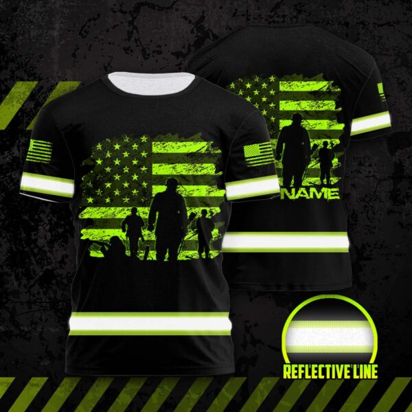 Hi Vis Shirt Reflective Veterans US Flag Custom Name Safety Workwear For Workers, Runners, Cyclists, Patriotic, Veteran, Military