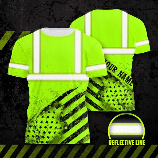 Hi Vis Shirt Reflective Green Black US Flag Custom Name Safety Workwear For Workers, Runners, Cyclists, Patriotic, Veteran, Military