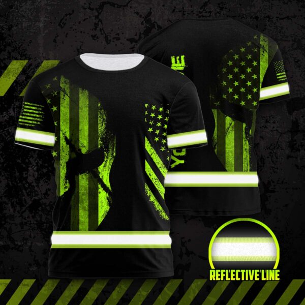 Hi Vis Shirt Reflective Green USA Custom Name Safety Workwear For Workers, Runners, Cyclists, Patriotic