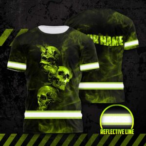 Hi Vis Shirt Reflective Skull With Smoke Custom Name Safety Workwear For Workers, Runners, Cyclists, Patriotic