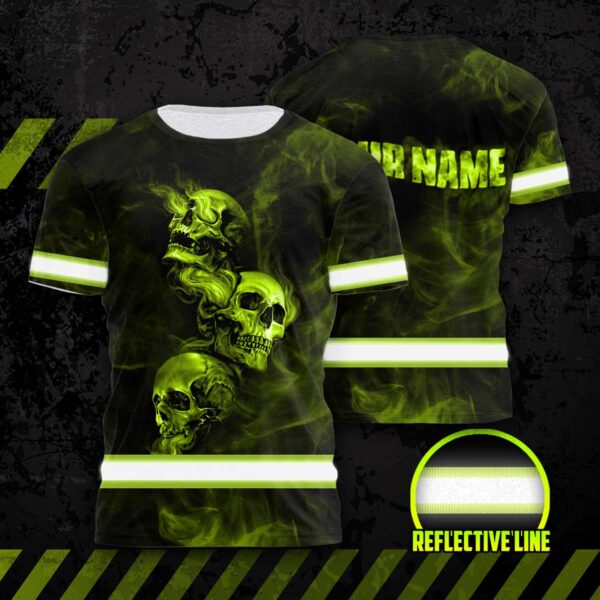 Hi Vis Shirt Reflective Skull With Smoke Custom Name Safety Workwear For Workers, Runners, Cyclists, Patriotic