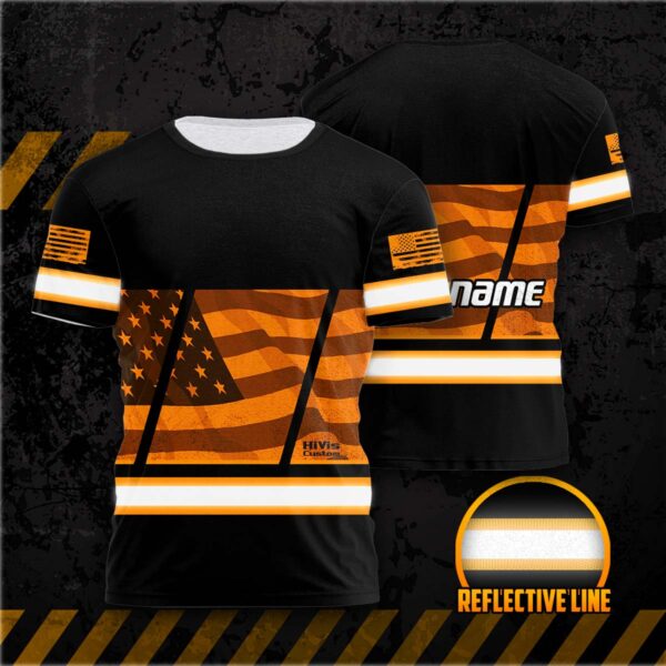 Hi Vis Shirt Reflective Orange USA Flag Custom Name Safety Workwear For Workers, Patriotic, Veteran, Military