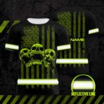 Hi Vis Shirt Reflective Skull USA Flag Custom Name Safety Workwear For Workers, Runners, Cyclists, Patriotic