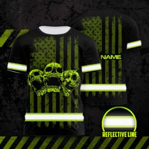 Hi Vis Shirt Reflective Skull USA Flag Custom Name Safety Workwear For Workers, Runners, Cyclists, Patriotic