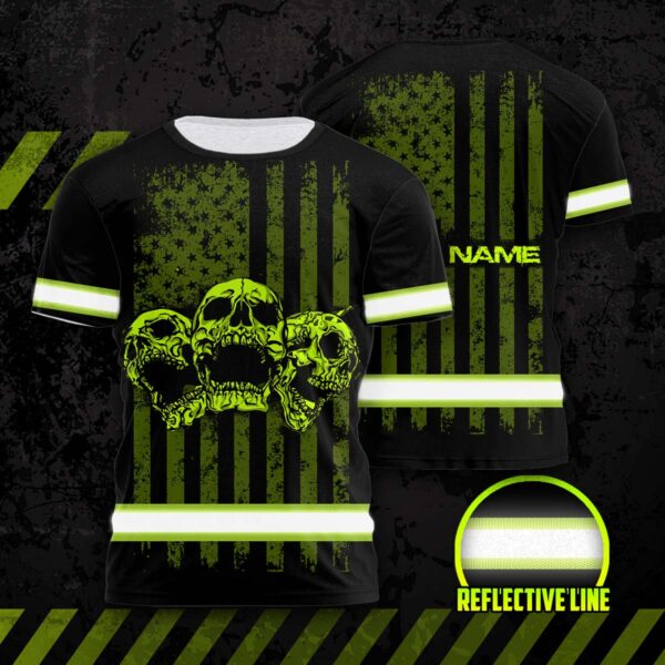 Hi Vis Shirt Reflective Skull USA Flag Custom Name Safety Workwear For Workers, Runners, Cyclists, Patriotic