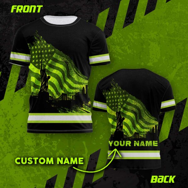 Hi Vis Shirt Reflective Flag USA Wave Custom Name Safety Workwear For Workers, Runners, Cyclists, Patriotic