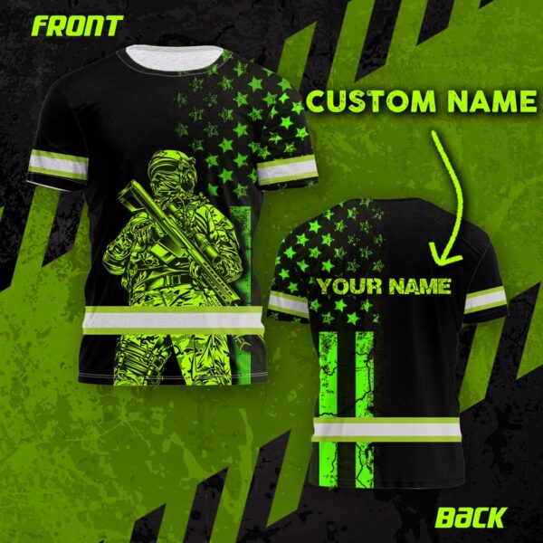 Hi Vis Shirt Reflective Veteran USA Flag Custom Name Safety Workwear For Workers, Runners, Cyclists, Patriotic