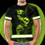 Hi Vis Shirt Reflective Skull With Smoke Custom Name Safety Workwear For Workers, Runners, Cyclists, Patriotic