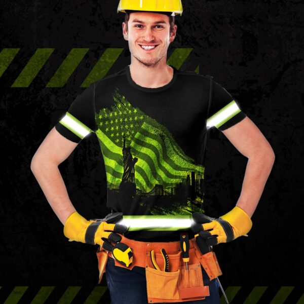 Hi Vis Shirt Reflective Flag USA Wave Custom Name Safety Workwear For Workers, Runners, Cyclists, Patriotic