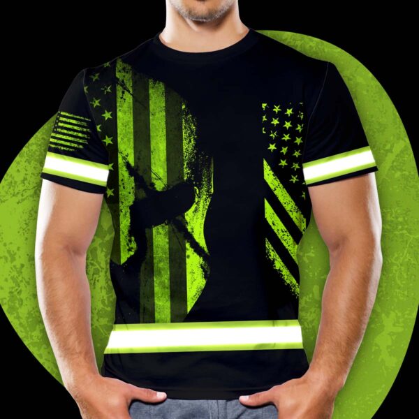 Hi Vis Shirt Reflective Green USA Custom Name Safety Workwear For Workers, Runners, Cyclists, Patriotic