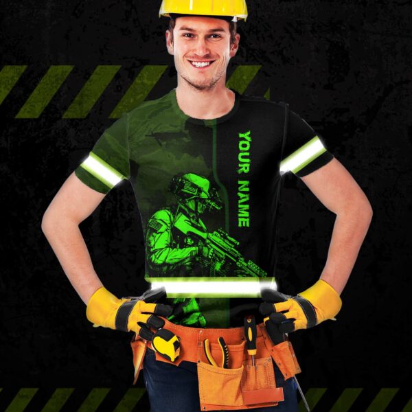 Hi Vis Shirt Reflective Soldier USA Flag Custom Name Safety Workwear For Workers, Runners, Cyclists, Patriotic