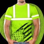 Hi Vis Shirt Reflective Green Black US Flag Custom Name Safety Workwear For Workers, Runners, Cyclists, Patriotic, Veteran, Military