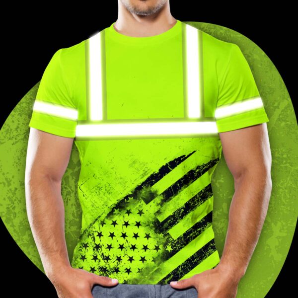 Hi Vis Shirt Reflective Green Black US Flag Custom Name Safety Workwear For Workers, Runners, Cyclists, Patriotic, Veteran, Military