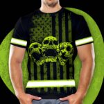 Hi Vis Shirt Reflective Skull USA Flag Custom Name Safety Workwear For Workers, Runners, Cyclists, Patriotic