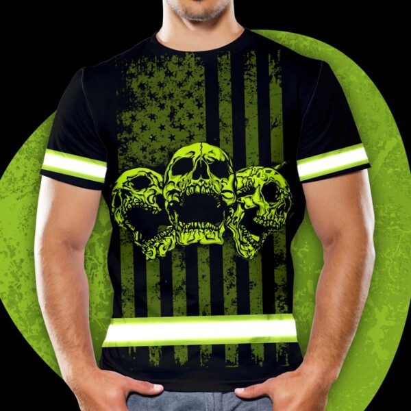 Hi Vis Shirt Reflective Skull USA Flag Custom Name Safety Workwear For Workers, Runners, Cyclists, Patriotic