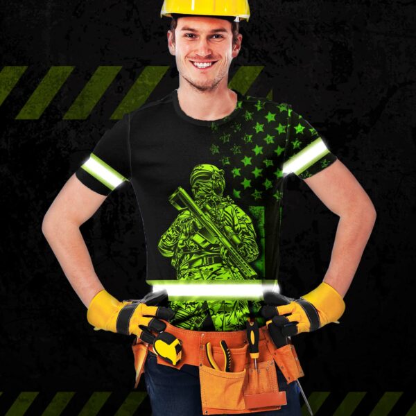 Hi Vis Shirt Reflective Veteran USA Flag Custom Name Safety Workwear For Workers, Runners, Cyclists, Patriotic