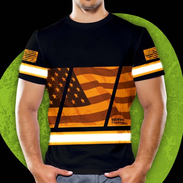 Hi Vis Shirt Reflective Orange USA Flag Custom Name Safety Workwear For Workers, Patriotic, Veteran, Military