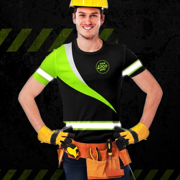Hi Vis Shirt Uniform Reflective Black Wave Green Neon Custom Name And Logo Safety Workwear For Company, Group, Team