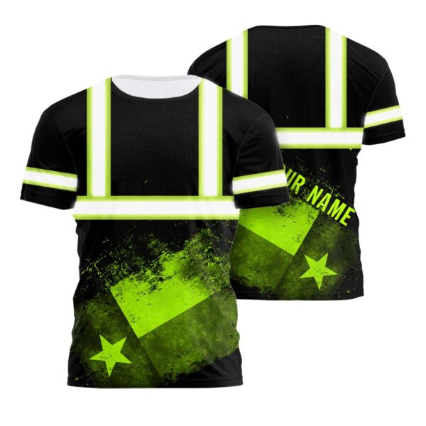 Hi Vis Shirt Reflective Green Black Texas Vintage Flag Custom Name Safety Workwear For Workers, Runners, Cyclists, Patriotic, Veteran, Military