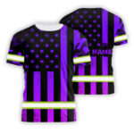 Hi Vis Shirt Reflective Violet Camo US Flag Custom Name Safety Workwear For Workers, Runners, Cyclists, Trucker, Operator, Patriotic