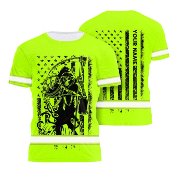 Hi Vis Shirt Reflective Black Reaper Custom Name Safety Workwear For Workers, Runners, Cyclists, Patriotic, Veteran, Military