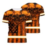 Hi Vis Shirt Reflective Orange Skull US Flag Custom Name Safety Workwear For Workers, Runners, Cyclists, Patriotic, Veteran, Military
