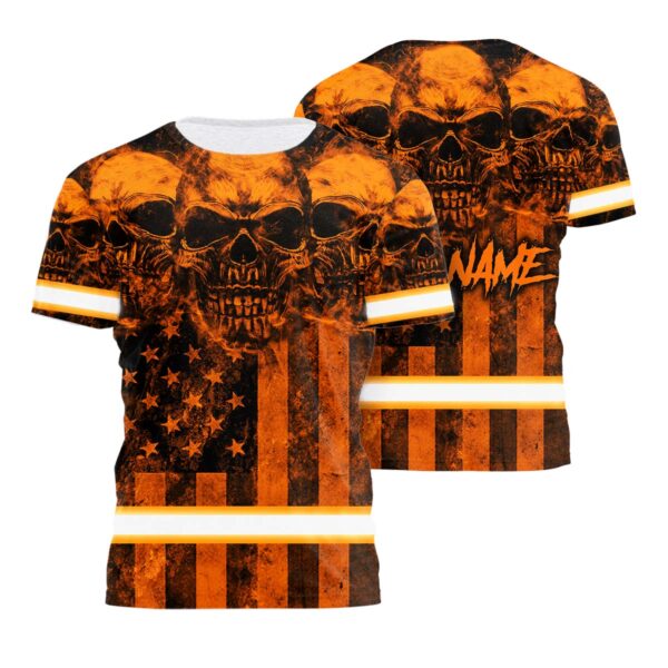 Hi Vis Shirt Reflective Orange Skull US Flag Custom Name Safety Workwear For Workers, Runners, Cyclists, Patriotic, Veteran, Military