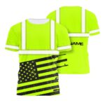 Hi Vis Shirt Reflective Green Gun USA Flag Custom Name Safety Workwear For Workers, Runners, Cyclists, Patriotic, Veteran, Military